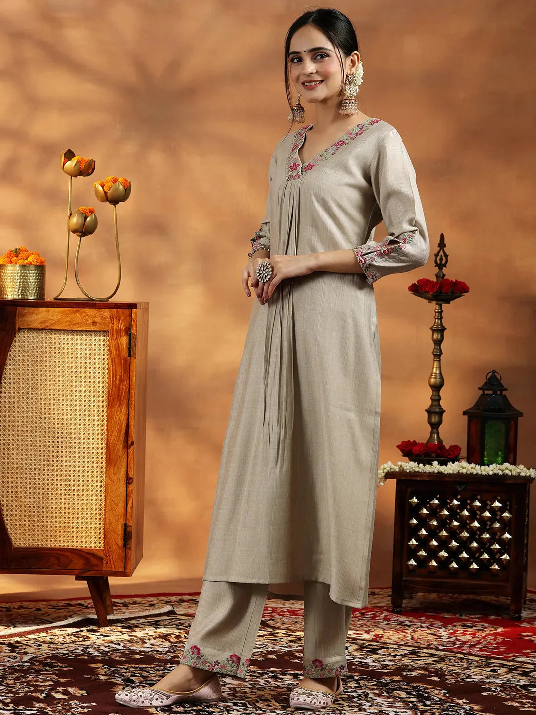 Beige Silk Blend Straight Cut Suit with Intricate Yoke Detailing and Coordinated Dupatta