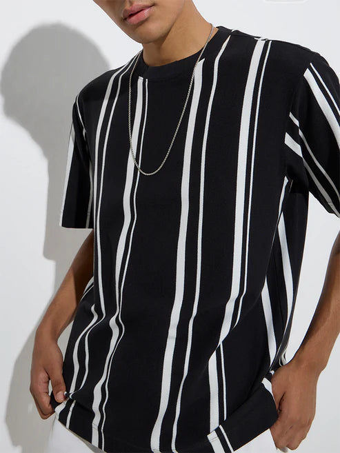 Black Stripe Printed Relaxed Fit T Shirt for Men Breathable Comfortable Material
