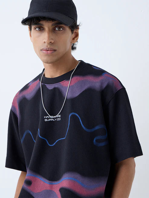 Nuon Casual Wear Black Cotton Tee with Abstract Print & Relaxed Fit