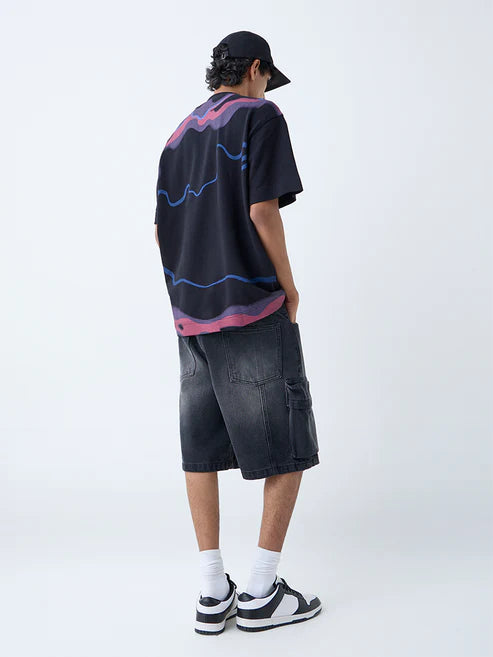 Nuon Casual Wear Black Cotton Tee with Abstract Print & Relaxed Fit