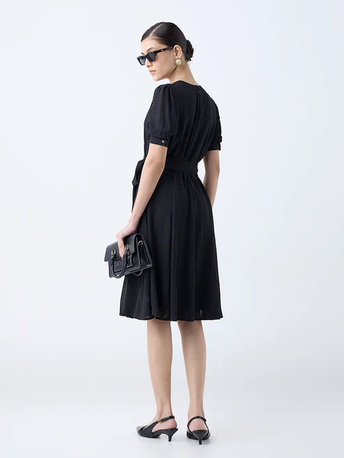 Luxury Evening Wear Black Seersucker Wrap-Style Dress for Women