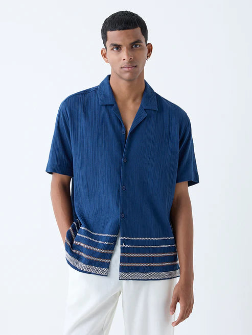 Casual Indigo Crinkle Textured Relaxed Fit Cotton Shirt Men Stylish and Light
