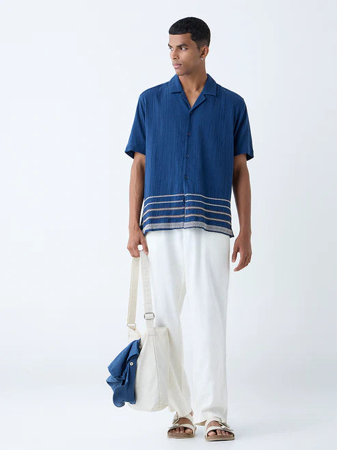 Casual Indigo Crinkle Textured Relaxed Fit Cotton Shirt Men Stylish and Light