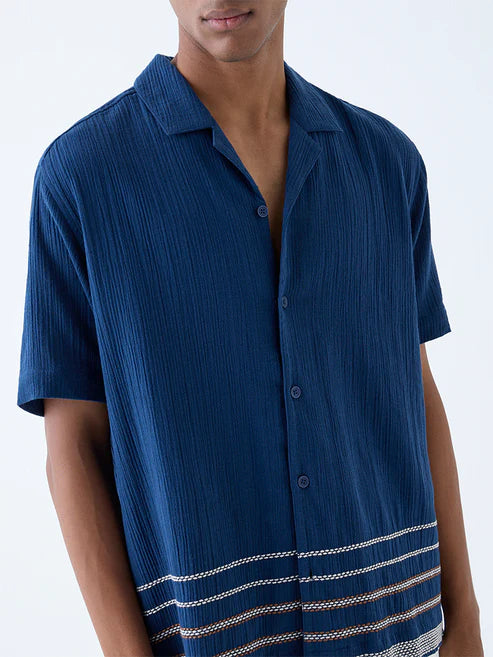 Casual Indigo Crinkle Textured Relaxed Fit Cotton Shirt Men Stylish and Light