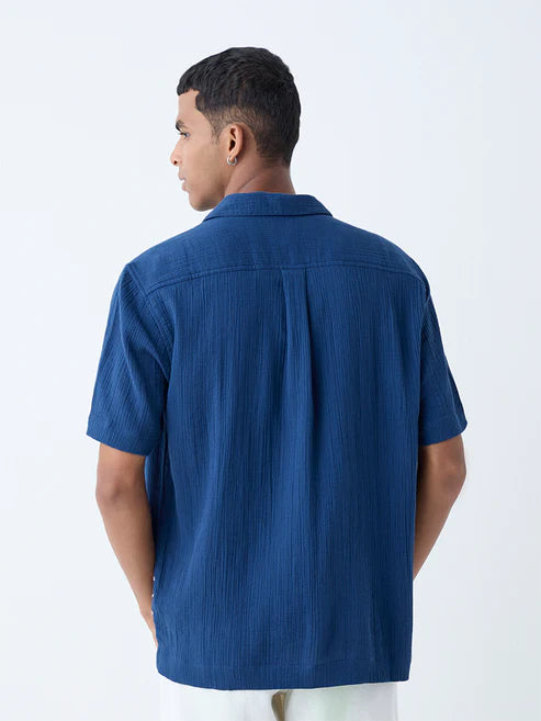 Casual Indigo Crinkle Textured Relaxed Fit Cotton Shirt Men Stylish and Light