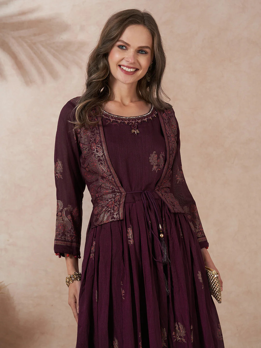 Printed A Line Maxi Dress with Flared Pleats and Embroidered Jacket Design