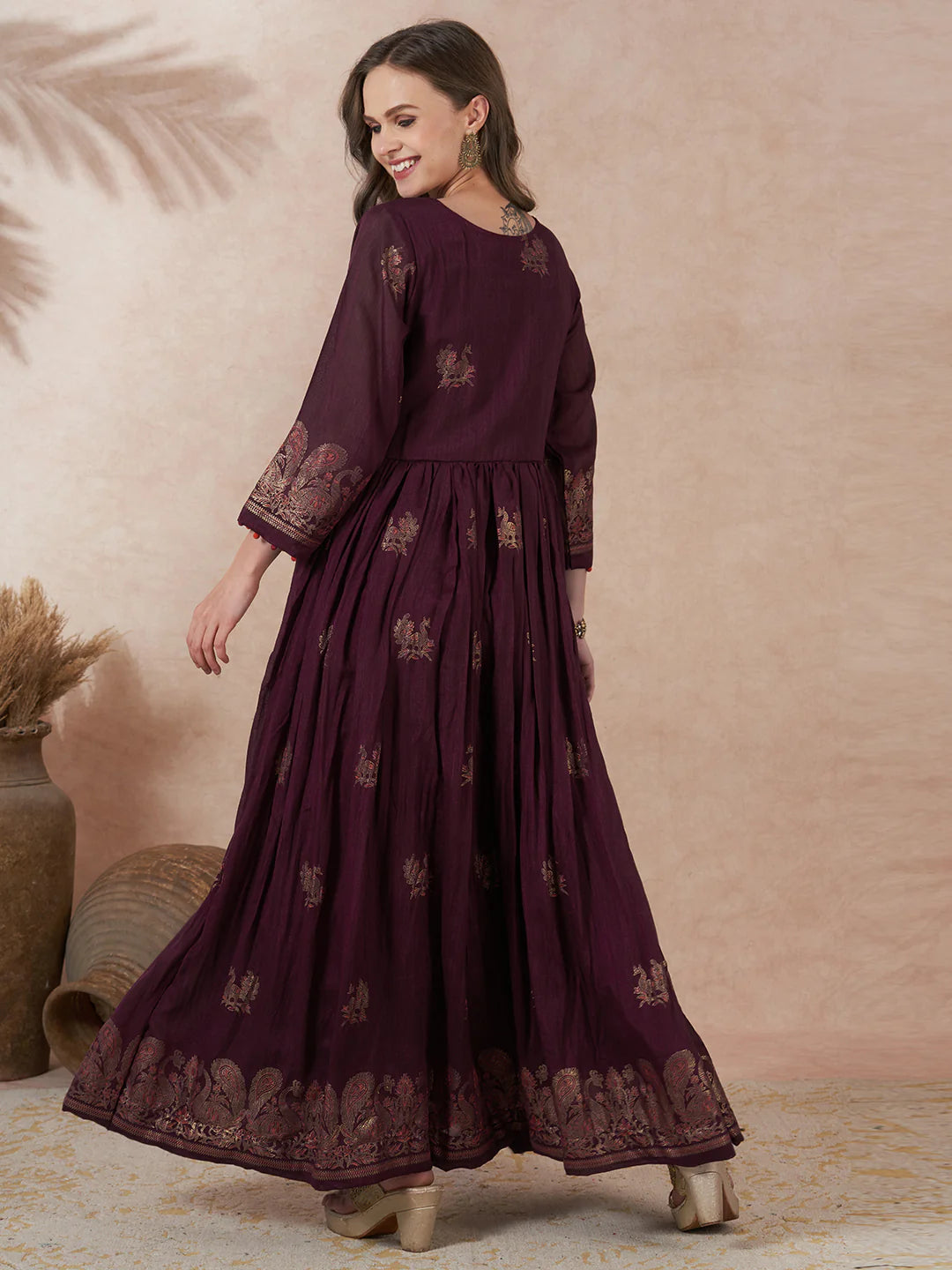 Printed A Line Maxi Dress with Flared Pleats and Embroidered Jacket Design