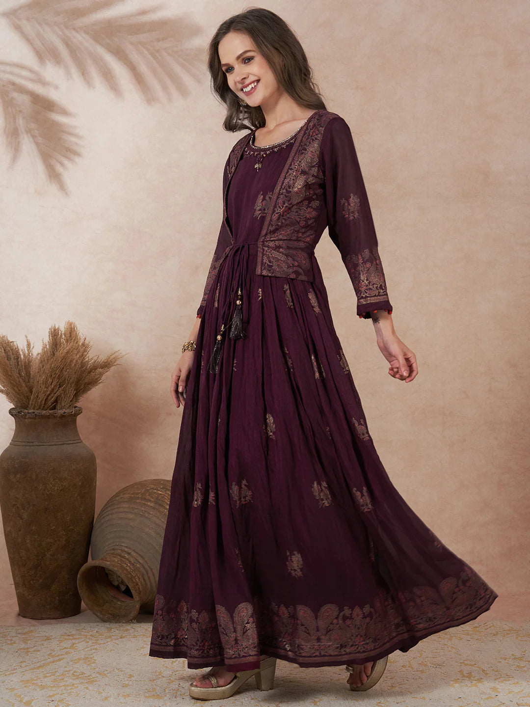 Printed A Line Maxi Dress with Flared Pleats and Embroidered Jacket Design
