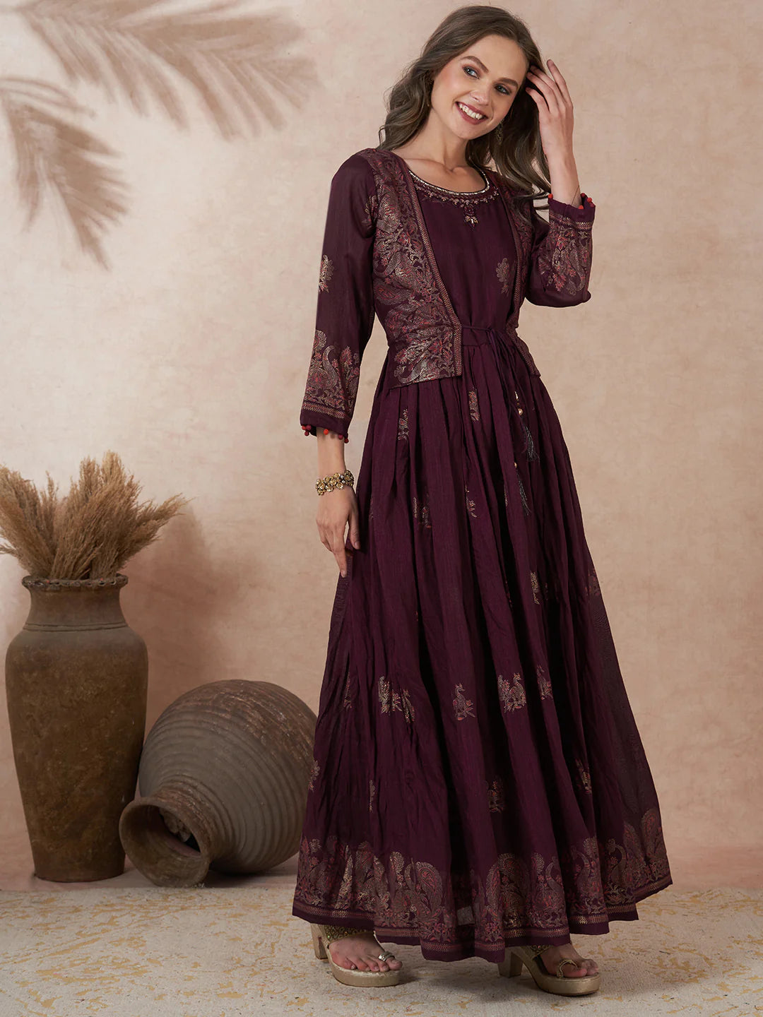 Printed A Line Maxi Dress with Flared Pleats and Embroidered Jacket Design