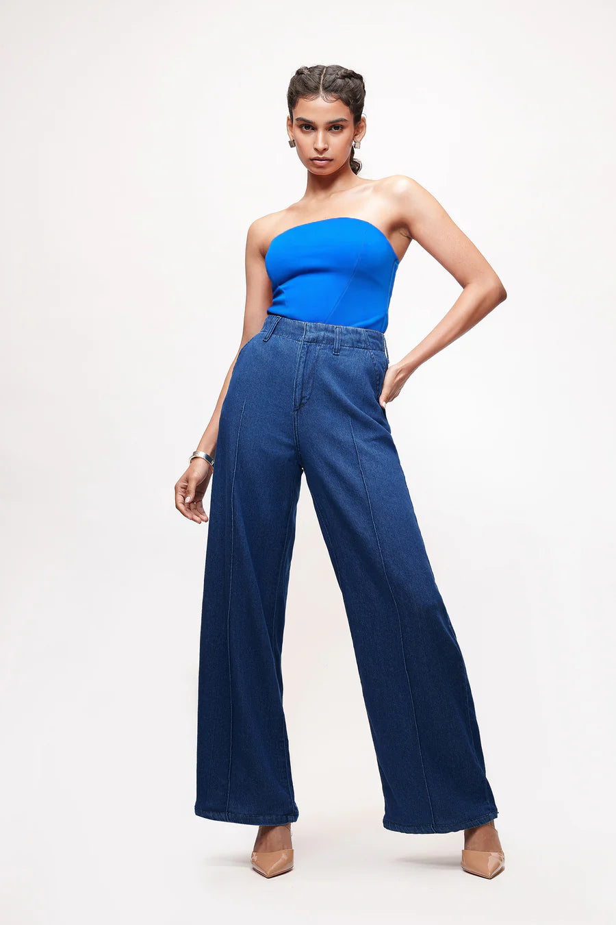 Soft Comfortable Womens Dark Indigo Straight Pintuck Jeans for All Day Wear