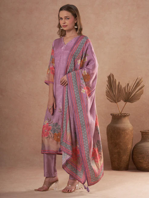 Designer Floral Printed and Embroidered Straight Kurta with Pant & Dupatta