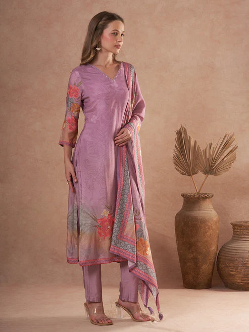 Designer Floral Printed and Embroidered Straight Kurta with Pant & Dupatta