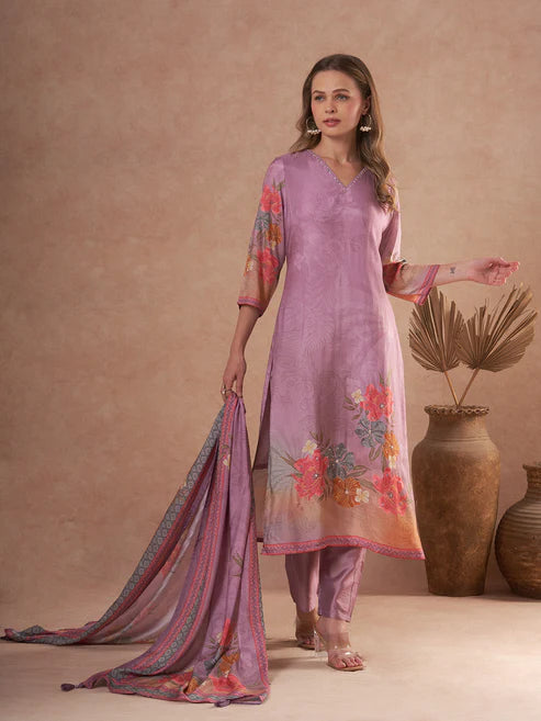 Designer Floral Printed and Embroidered Straight Kurta with Pant & Dupatta