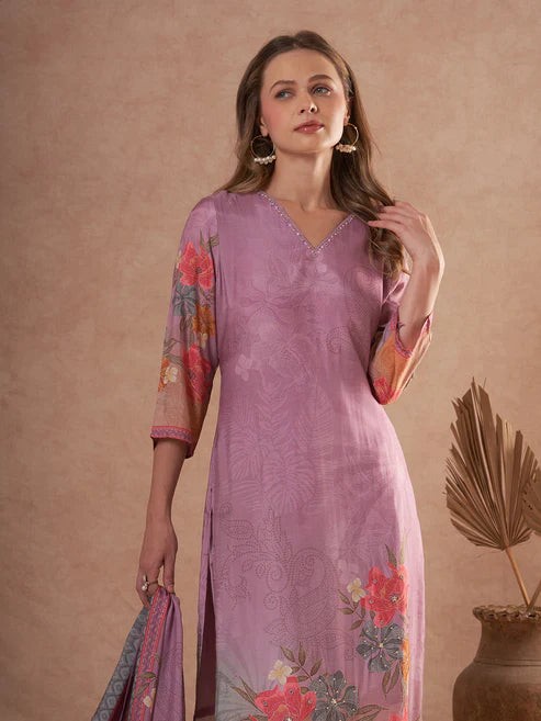 Designer Floral Printed and Embroidered Straight Kurta with Pant & Dupatta