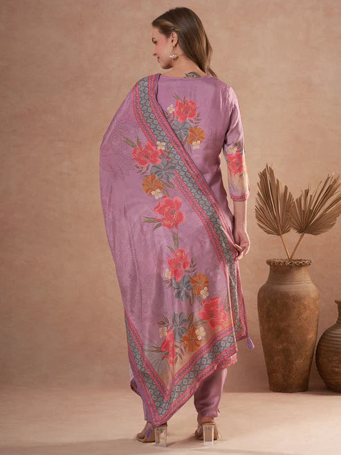 Designer Floral Printed and Embroidered Straight Kurta with Pant & Dupatta