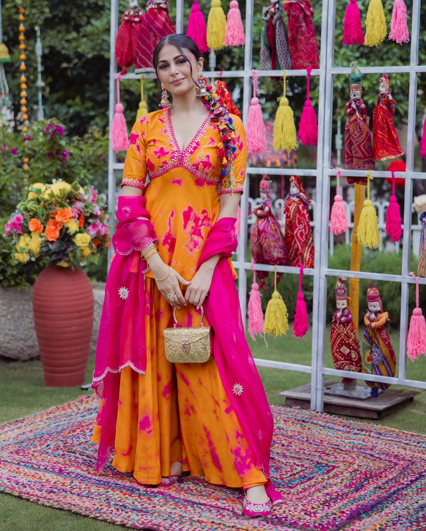 Festive Wear Orange Pink Tie Dye Muslin Sharara Ensemble with Traditional and Modern Fusion Style