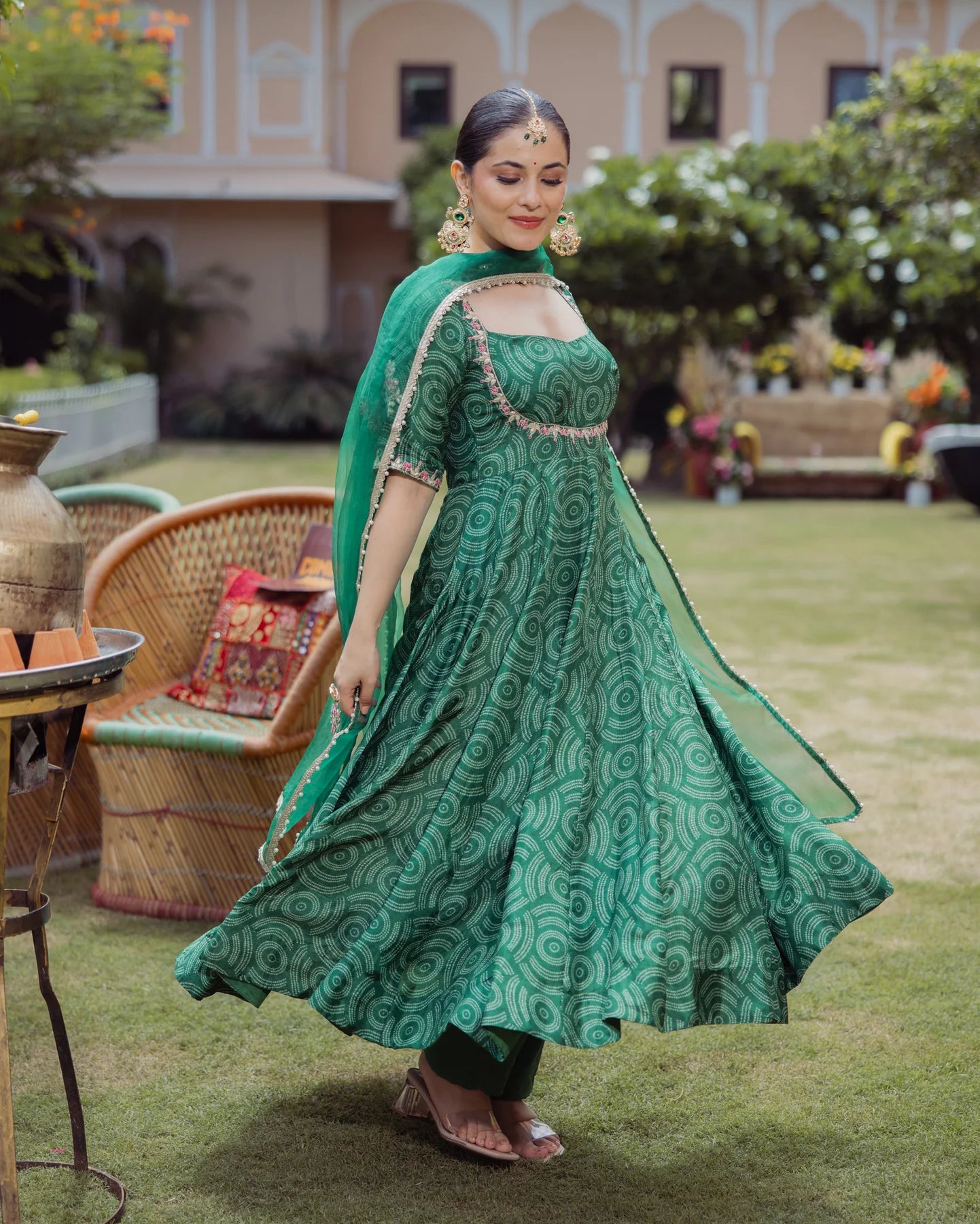 Party Wear Dark Green Bandhani Chanderi Suit Set with Dupatta for Women