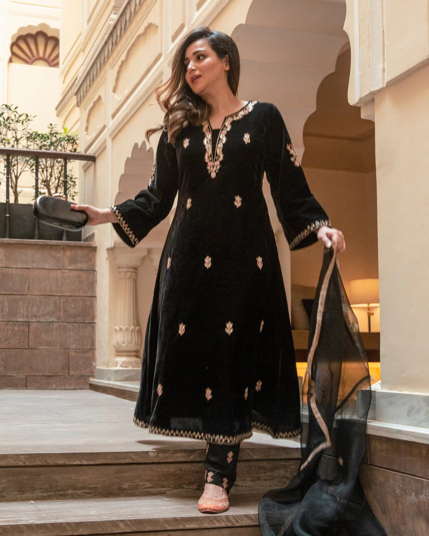 Trendy Women’s Slate Black Velvet Suit Set with Intricate Handcrafted Work Perfect for Festive and Party Wear