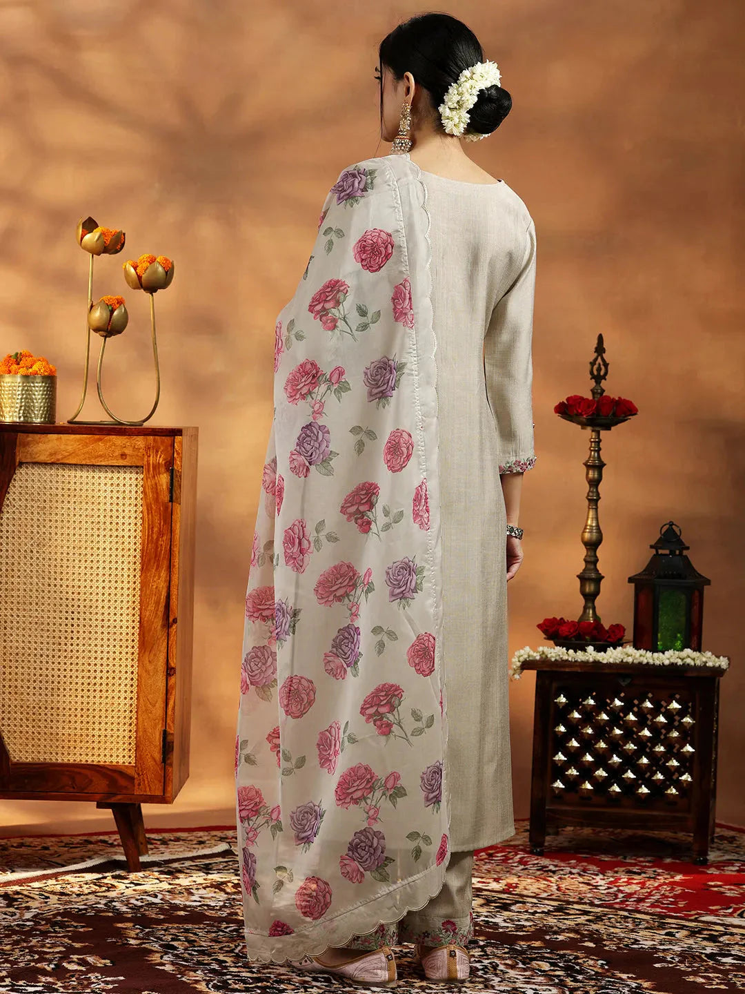 Beige Silk Blend Straight Cut Suit with Intricate Yoke Detailing and Coordinated Dupatta