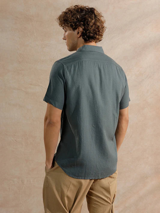 Solid Linen Blend Dark Blue Shirt Slim Fit Modern Casual and Semi Formal Style