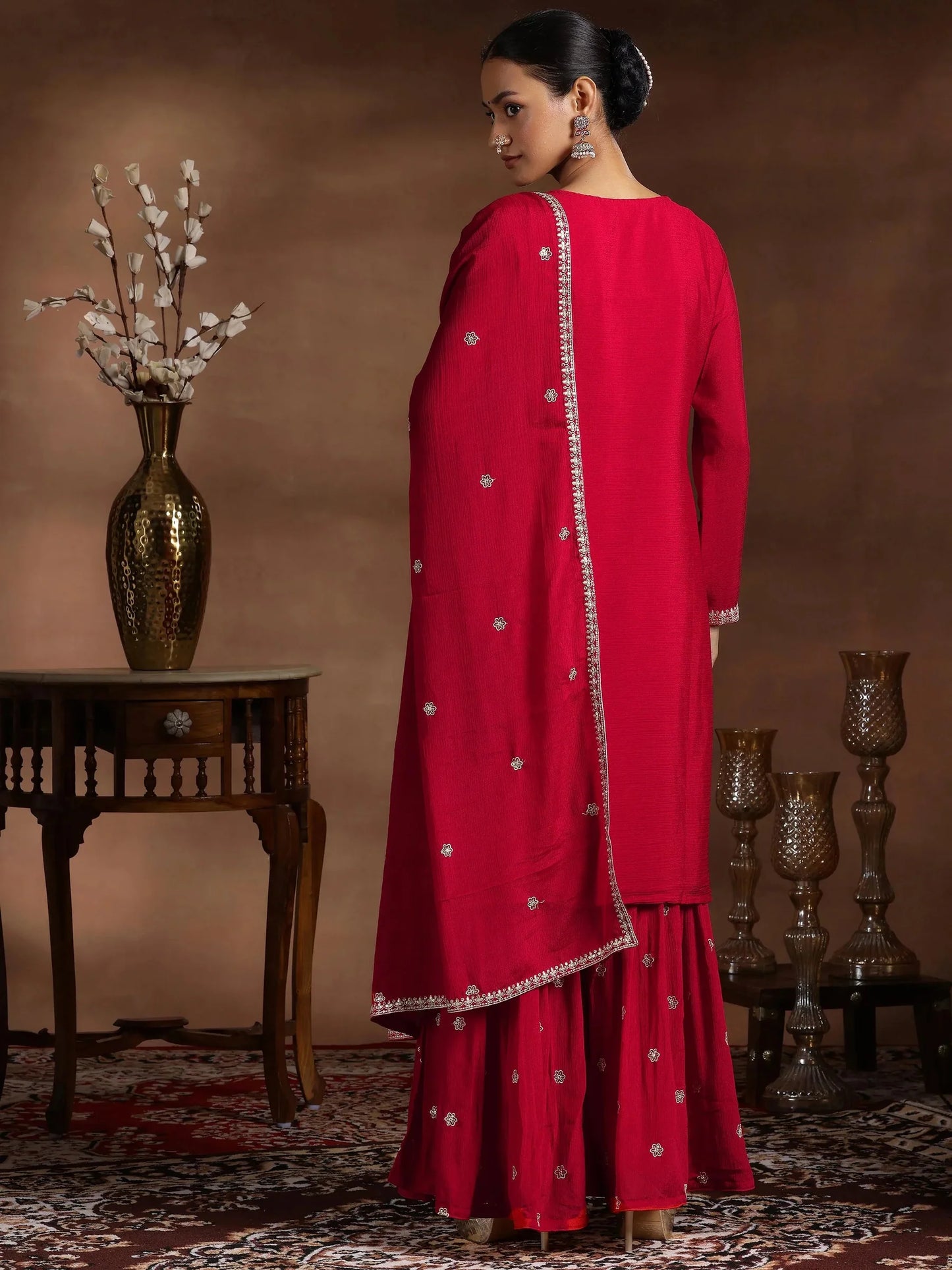 Fashionable Red Silk Blend Straight Suit with Embroidery and Dupatta for Women Party Wear