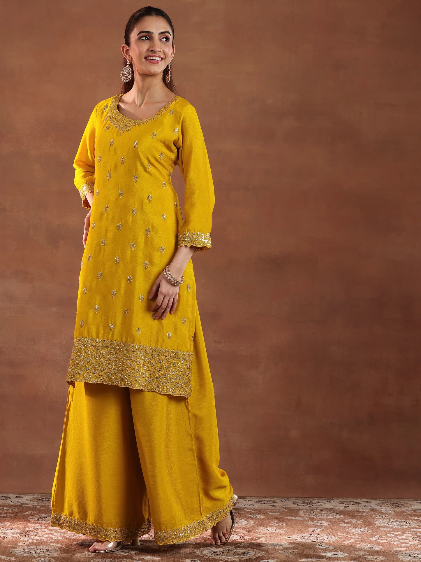 Mustard Embroidered Straight Suit in Silk Blend Fabric with Coordinated Dupatta for Women