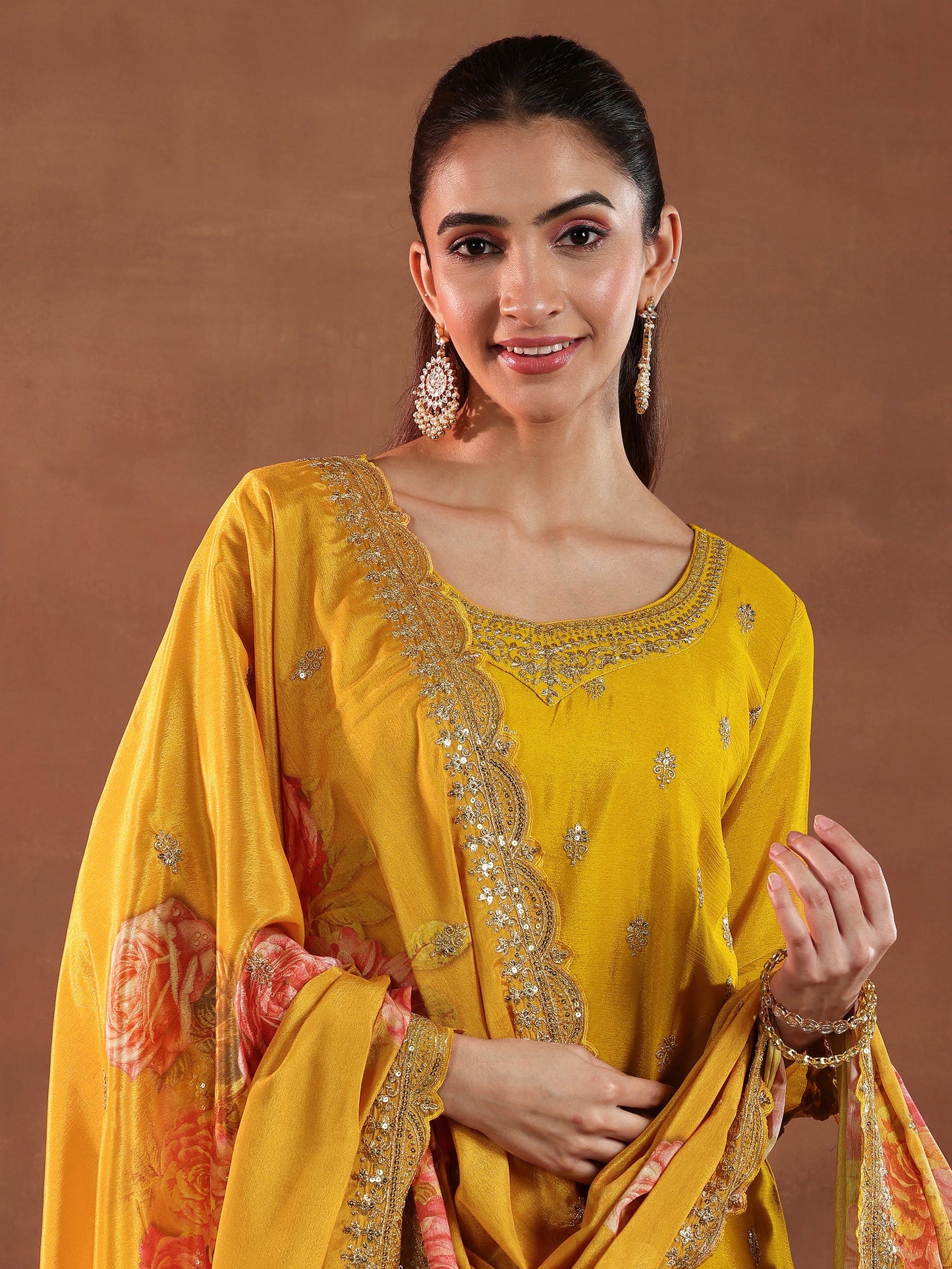 Mustard Embroidered Straight Suit in Silk Blend Fabric with Coordinated Dupatta for Women