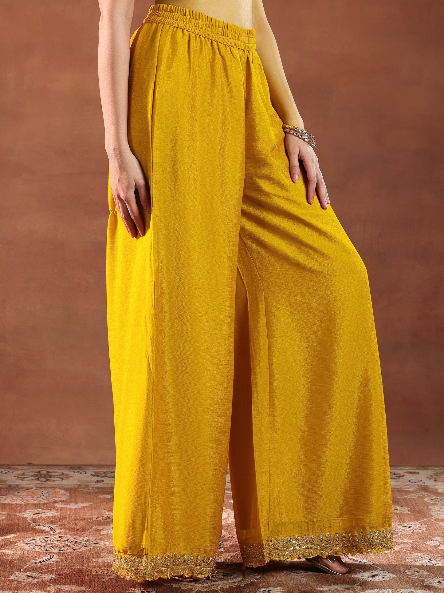 Mustard Embroidered Straight Suit in Silk Blend Fabric with Coordinated Dupatta for Women