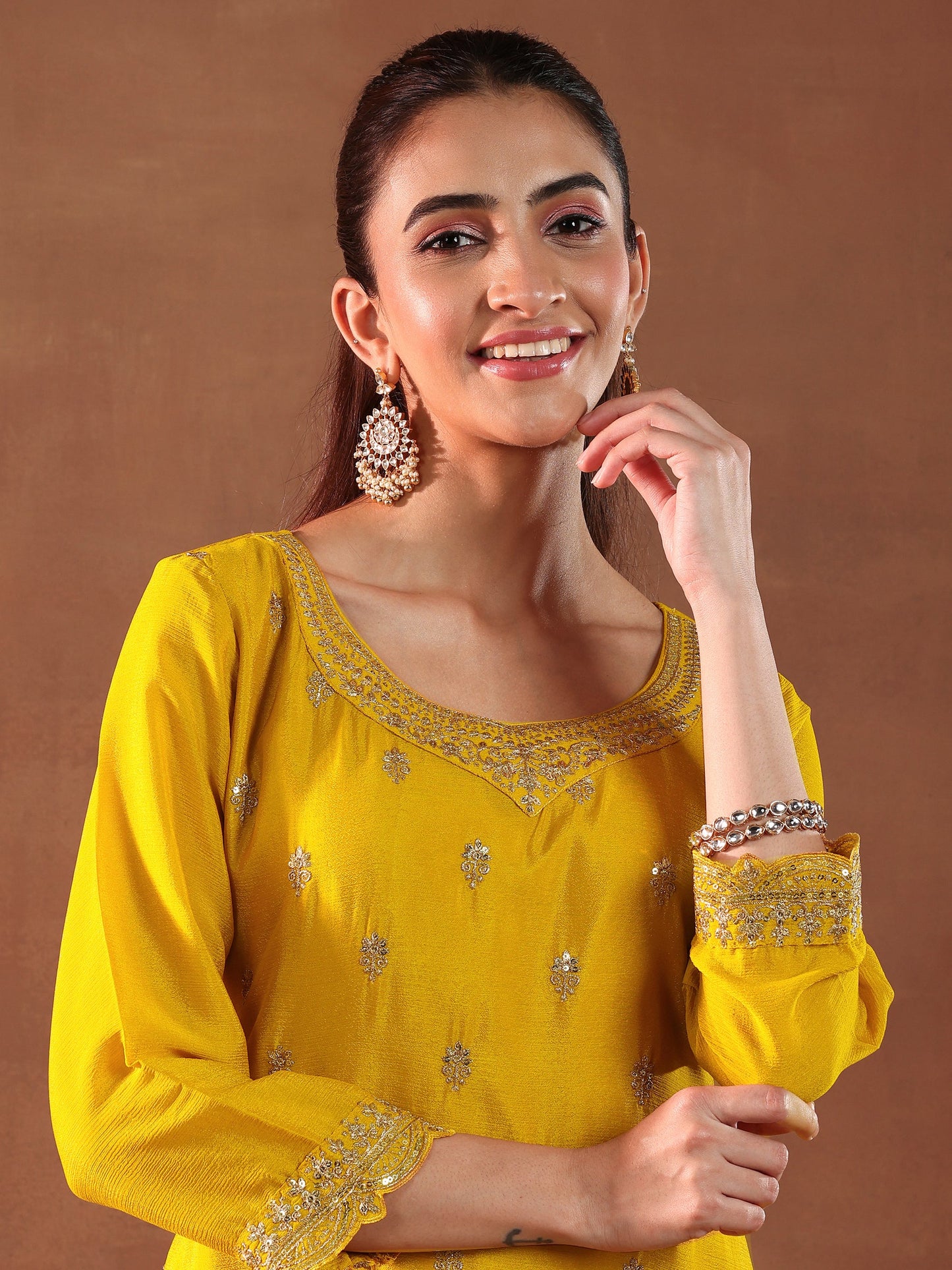 Mustard Embroidered Straight Suit in Silk Blend Fabric with Coordinated Dupatta for Women