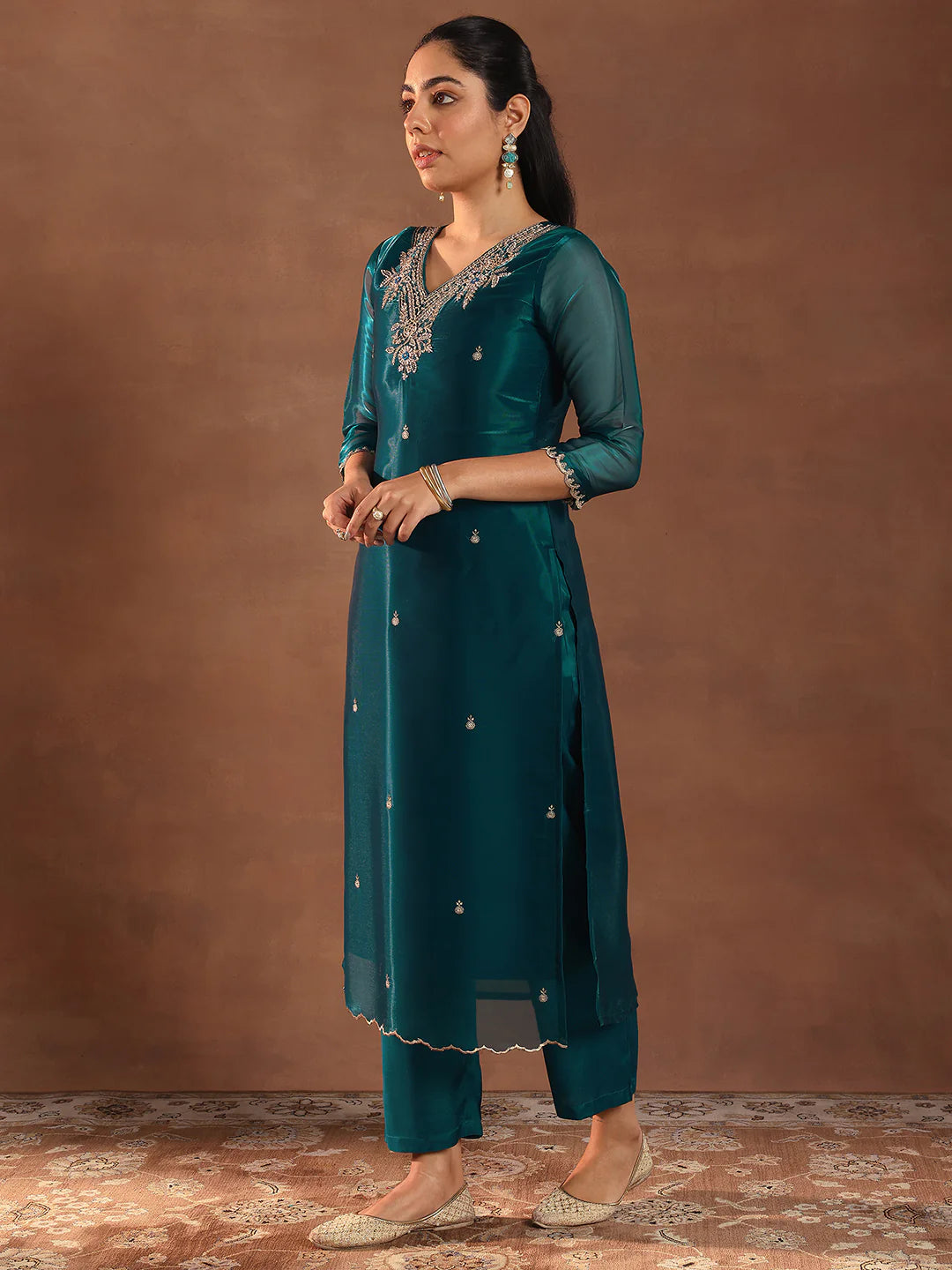 Teal Tissue Fabric Straight Suit Featuring Stylish Yoke Detailing with Coordinated Dupatta