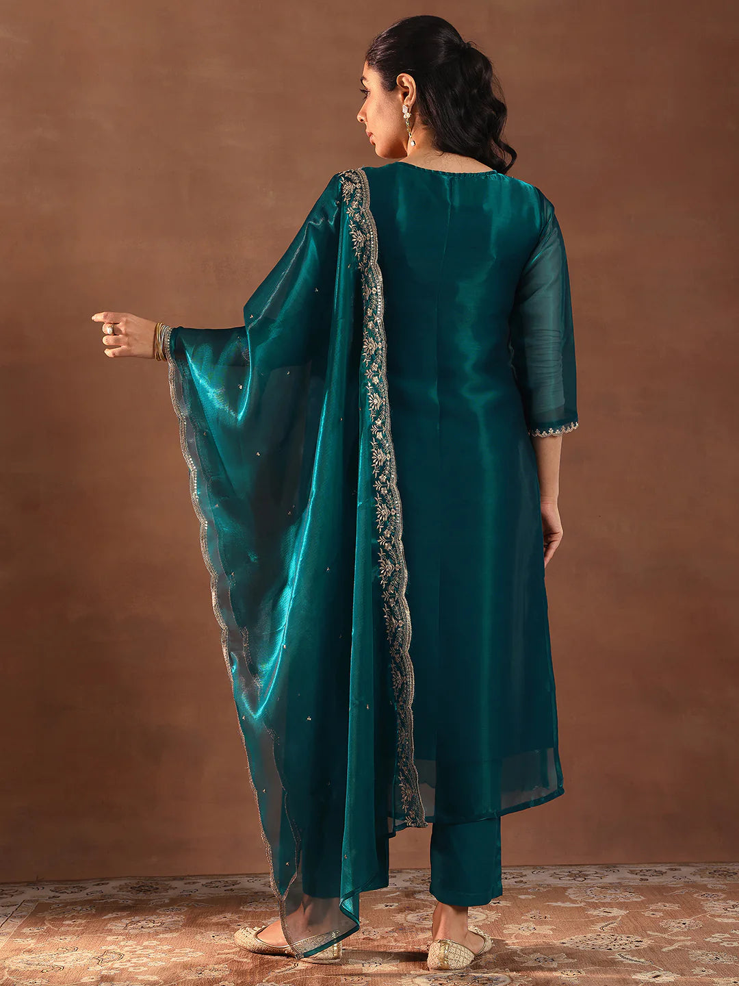 Teal Tissue Fabric Straight Suit Featuring Stylish Yoke Detailing with Coordinated Dupatta
