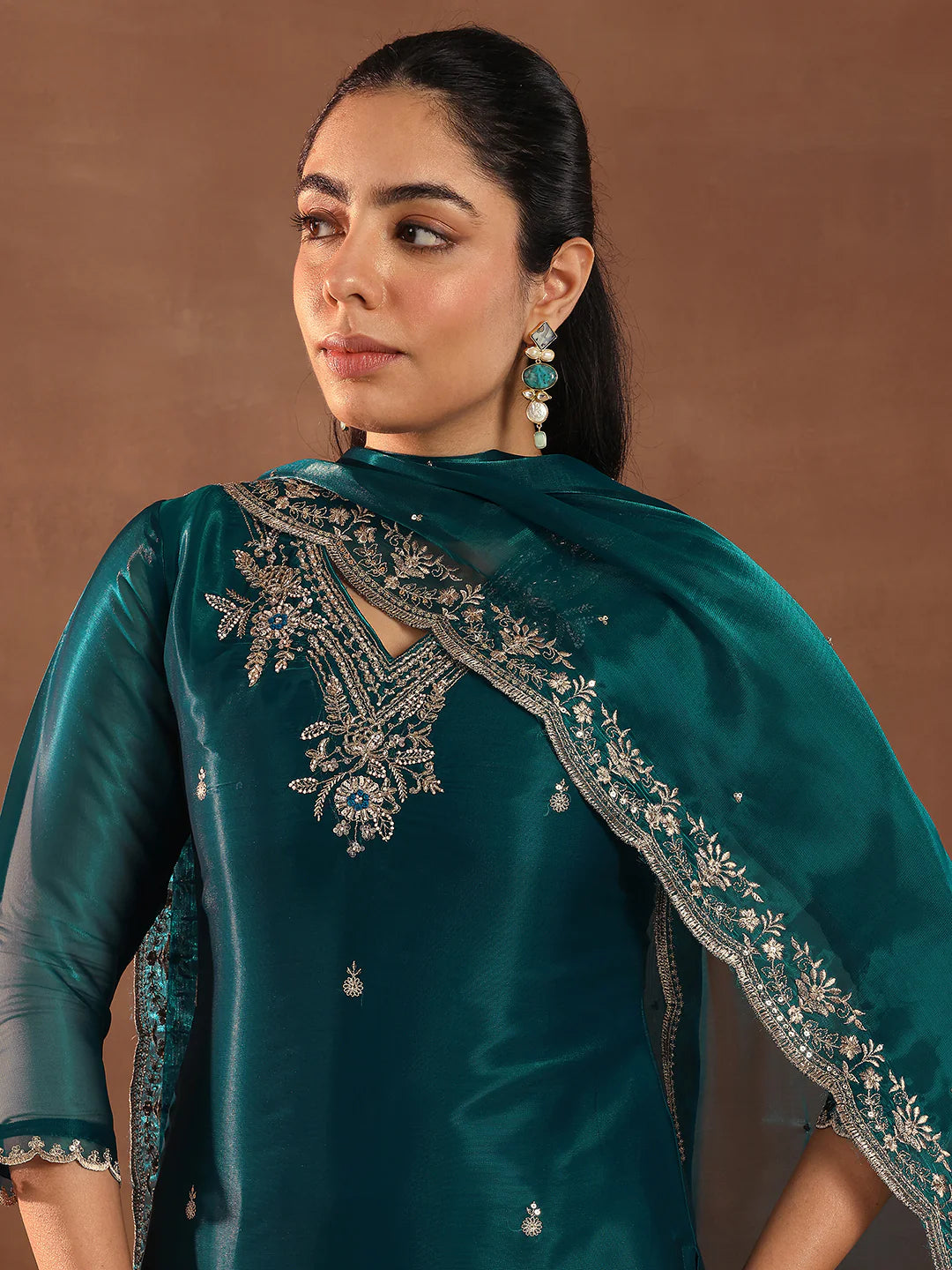 Teal Tissue Fabric Straight Suit Featuring Stylish Yoke Detailing with Coordinated Dupatta