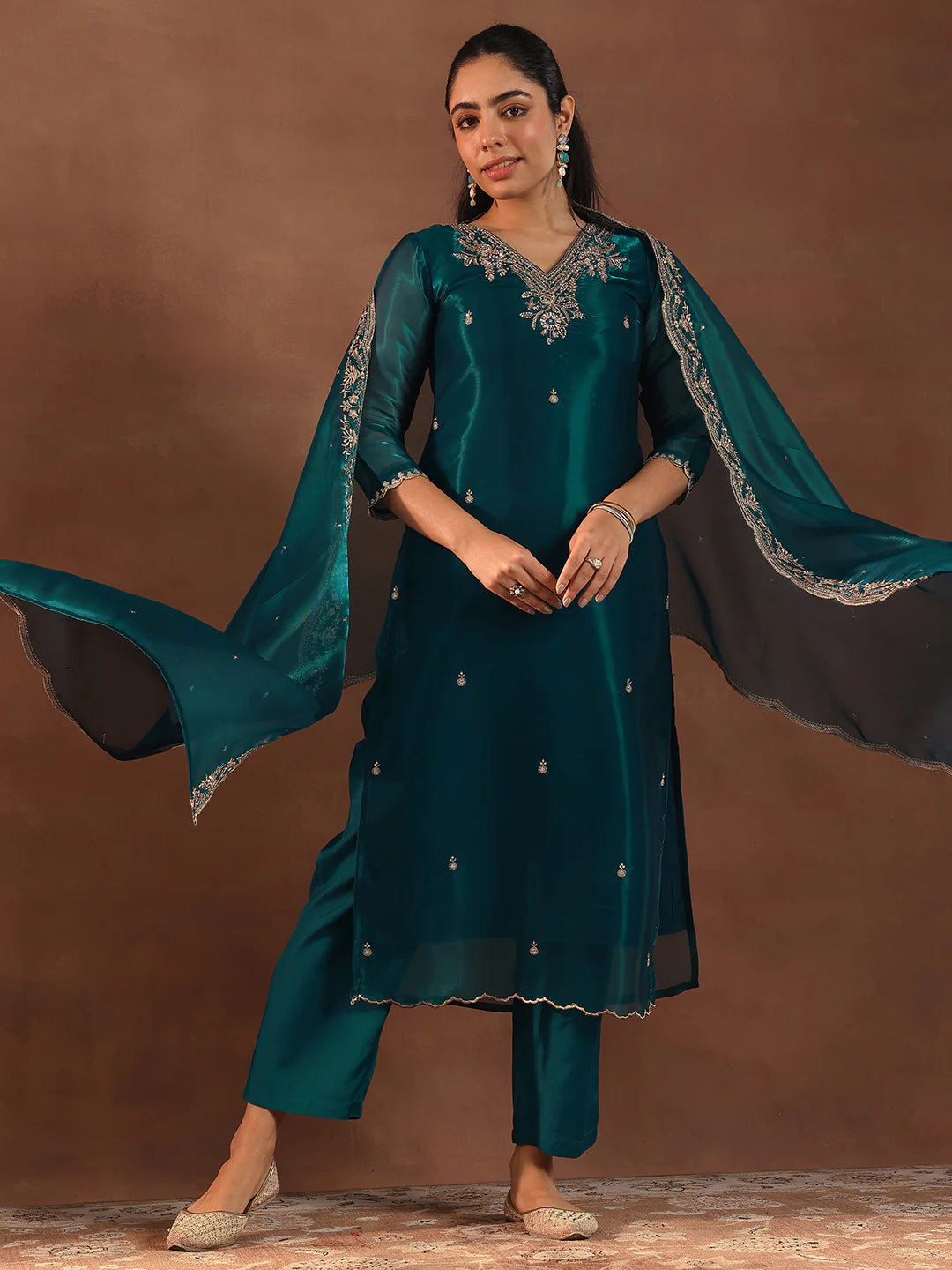 Teal Tissue Fabric Straight Suit Featuring Stylish Yoke Detailing with Coordinated Dupatta