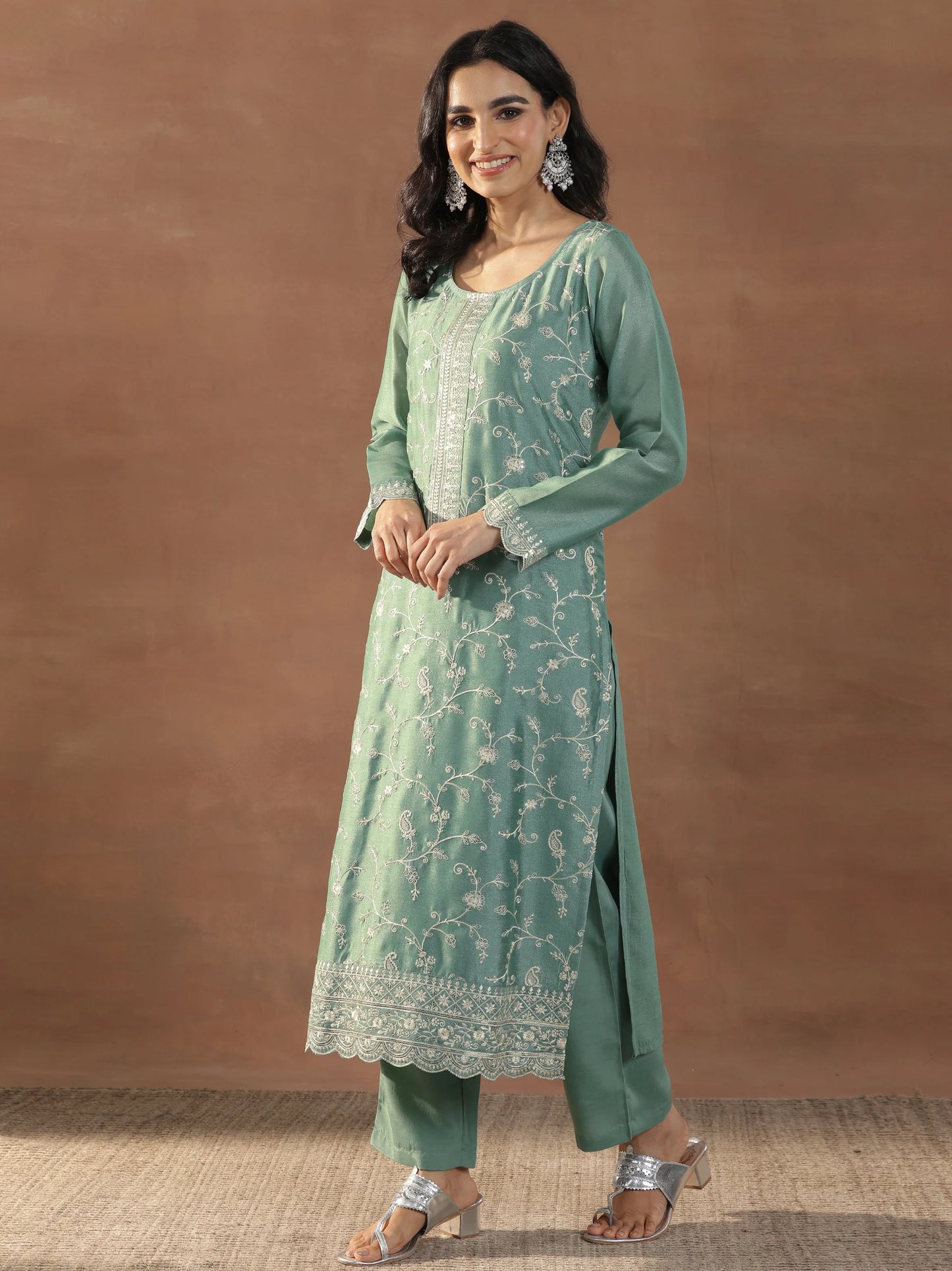 Fashionable Green Silk Blend Straight Suit with Elegant Embroidery and Dupatta for Women