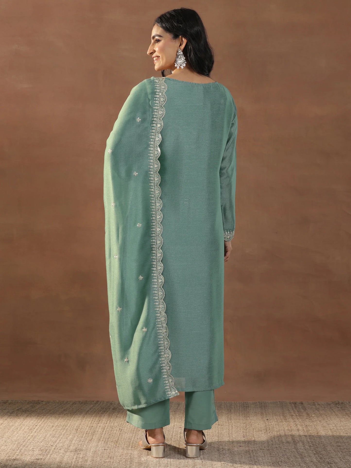 Fashionable Green Silk Blend Straight Suit with Elegant Embroidery and Dupatta for Women