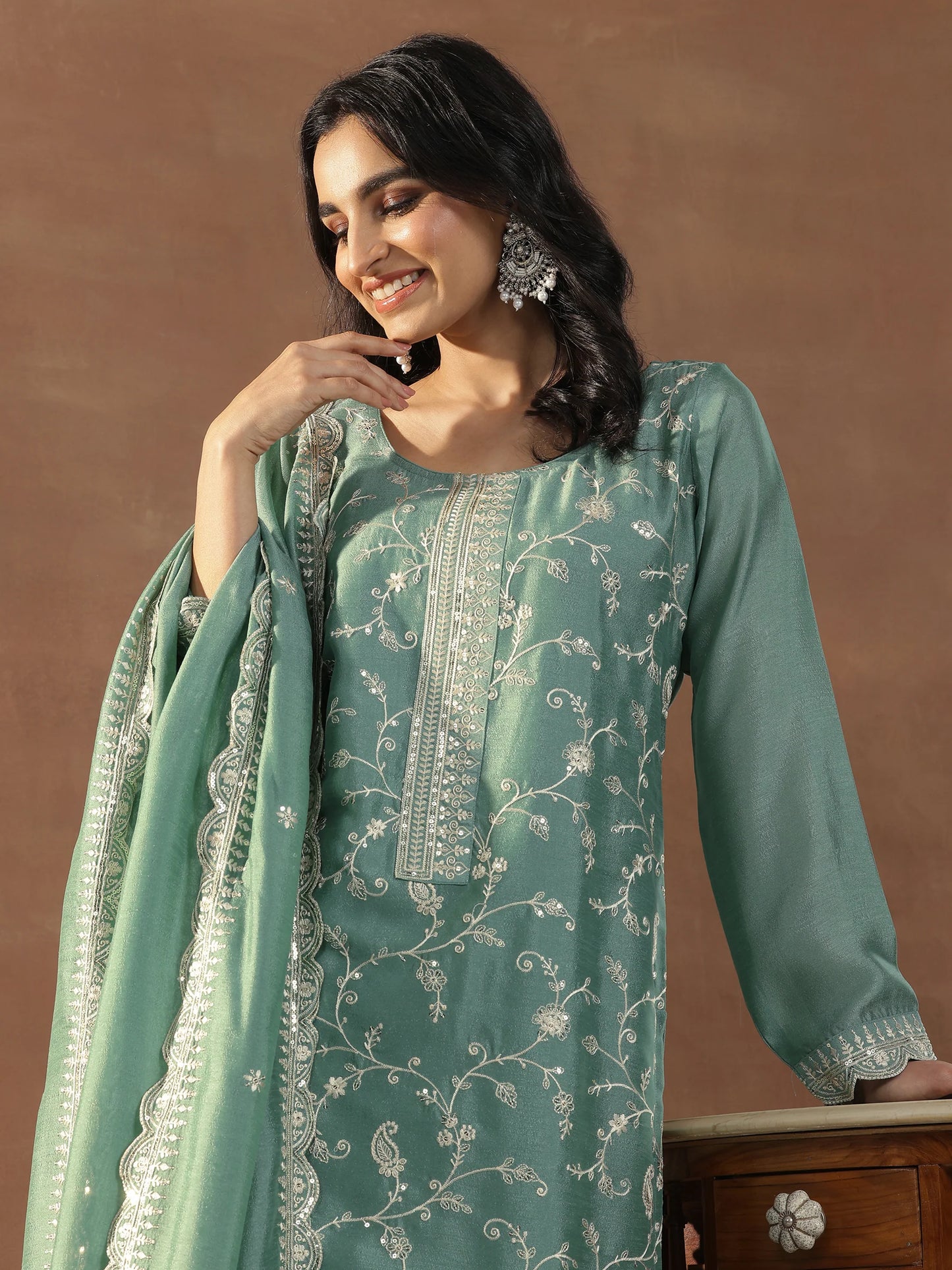 Fashionable Green Silk Blend Straight Suit with Elegant Embroidery and Dupatta for Women