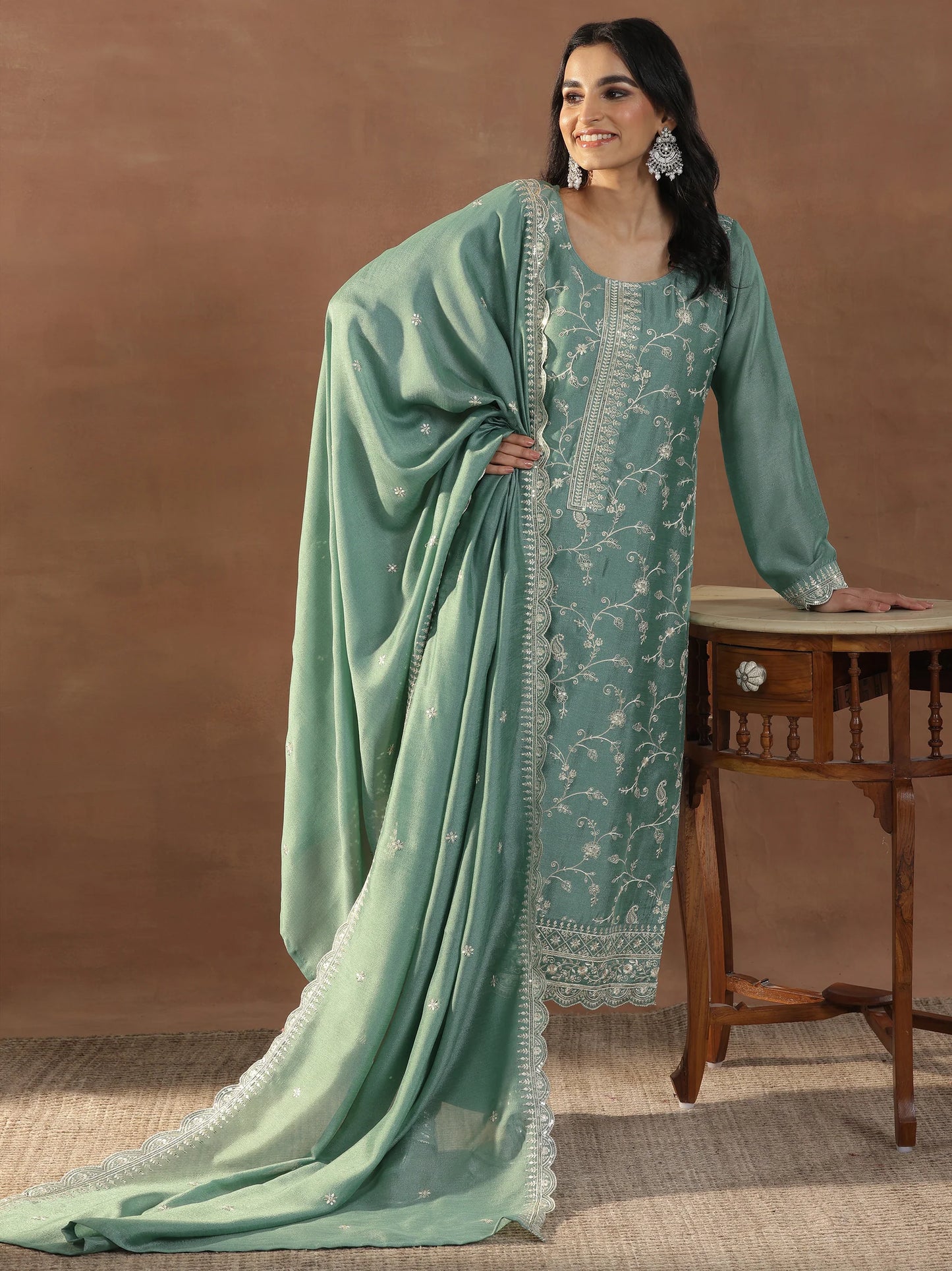 Fashionable Green Silk Blend Straight Suit with Elegant Embroidery and Dupatta for Women