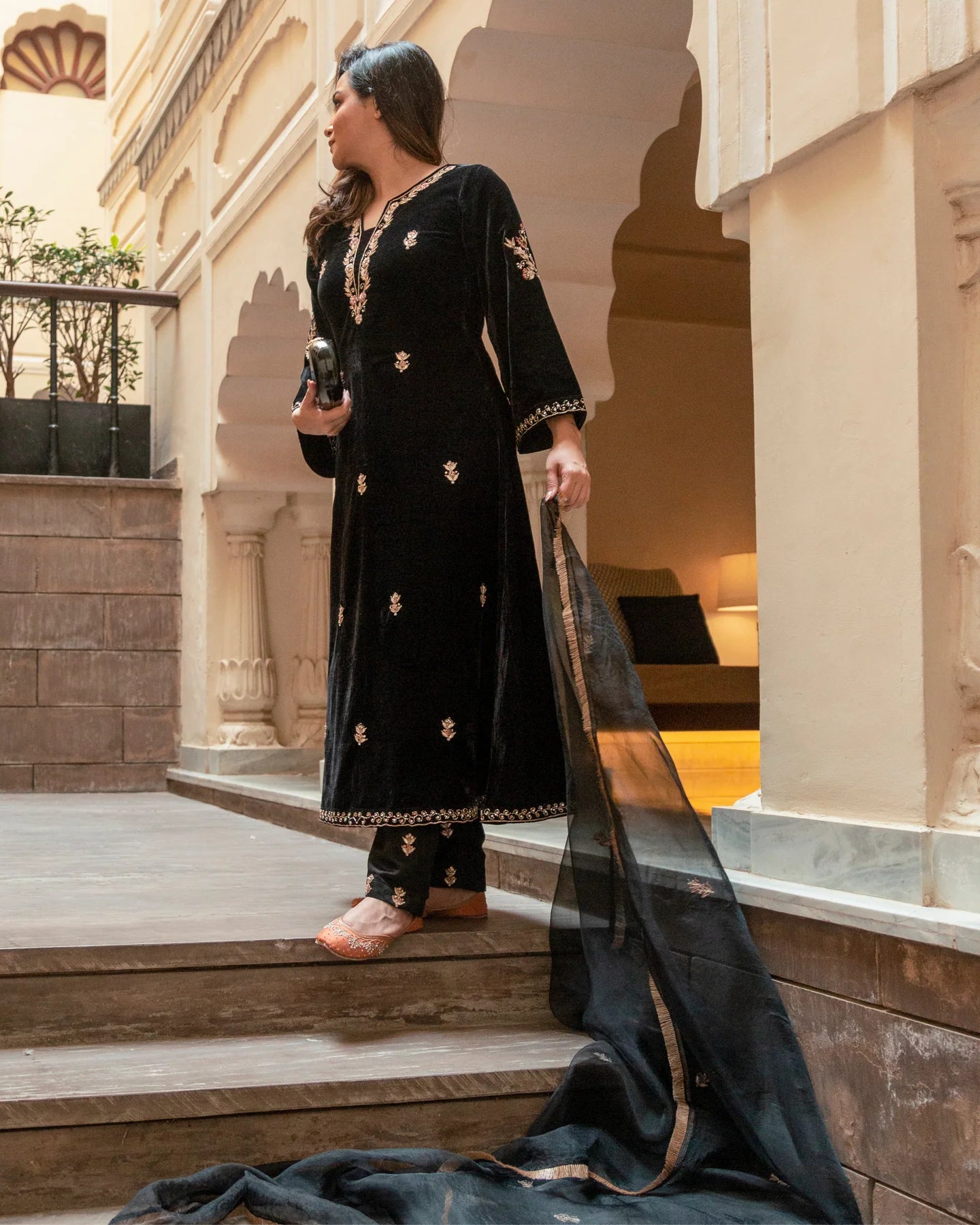 Trendy Women’s Slate Black Velvet Suit Set with Intricate Handcrafted Work Perfect for Festive and Party Wear