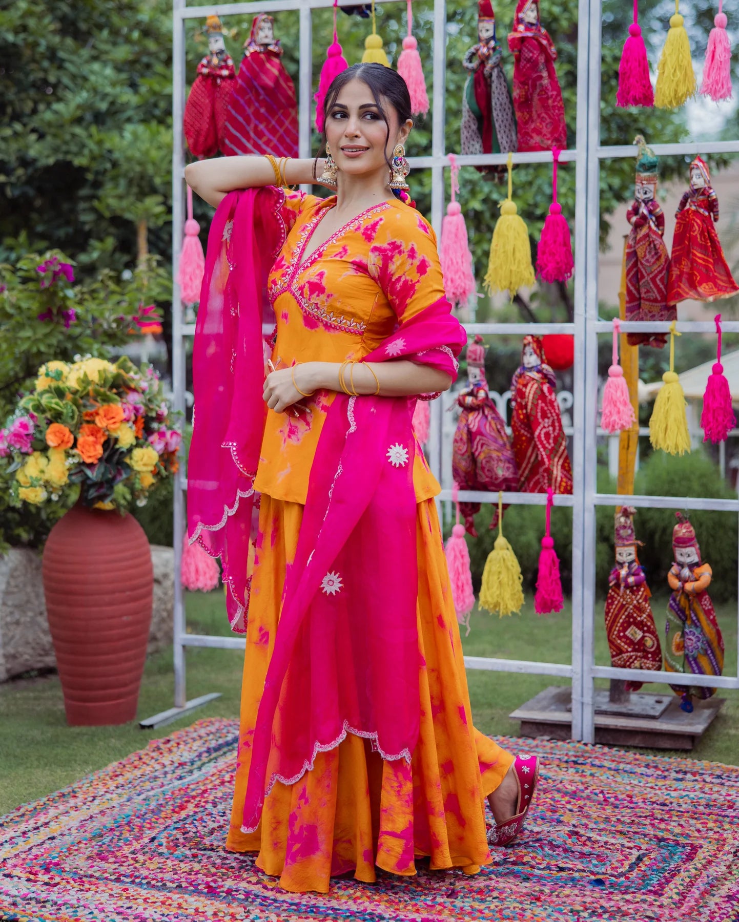 Festive Wear Orange Pink Tie Dye Muslin Sharara Ensemble with Traditional and Modern Fusion Style