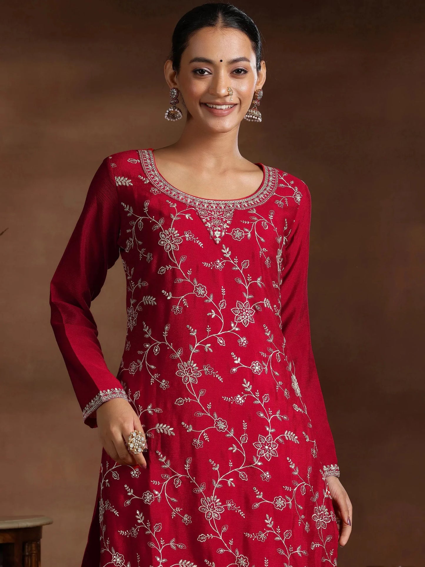 Fashionable Red Silk Blend Straight Suit with Embroidery and Dupatta for Women Party Wear