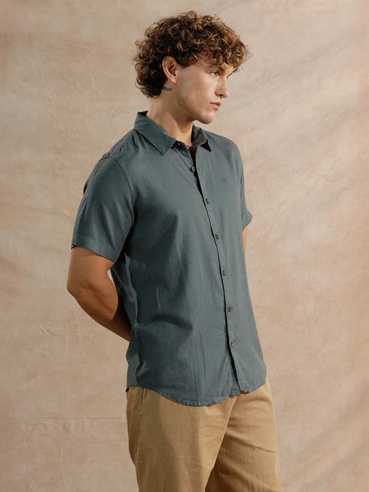 Solid Linen Blend Dark Blue Shirt Slim Fit Modern Casual and Semi Formal Style