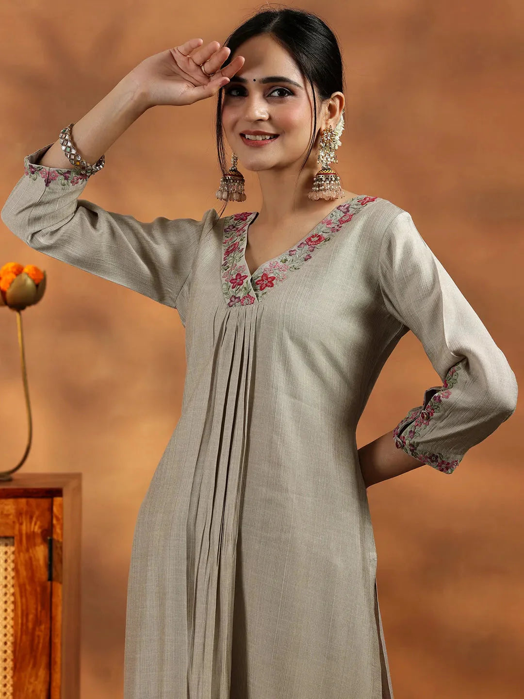 Beige Silk Blend Straight Cut Suit with Intricate Yoke Detailing and Coordinated Dupatta