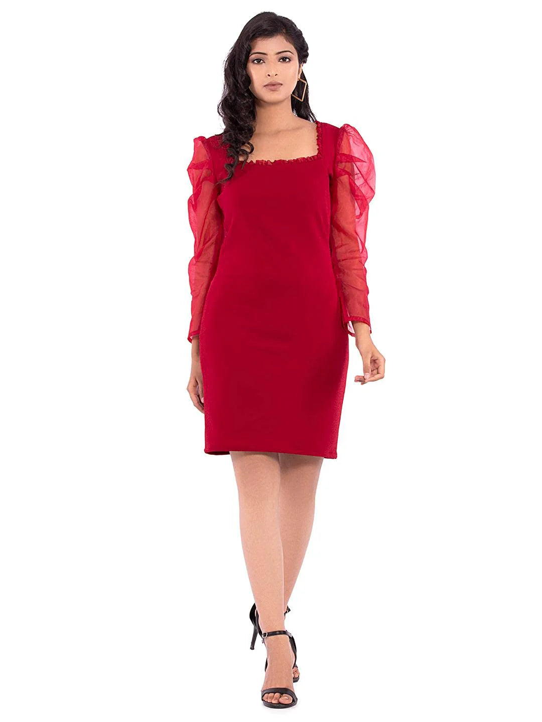 Maroon Women’s Midi Dress Soft Stretchable Polyester