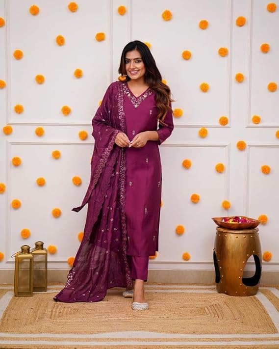 Luxury Inspired Wine Embroidered Viscose Kurta Pant Dupatta Set