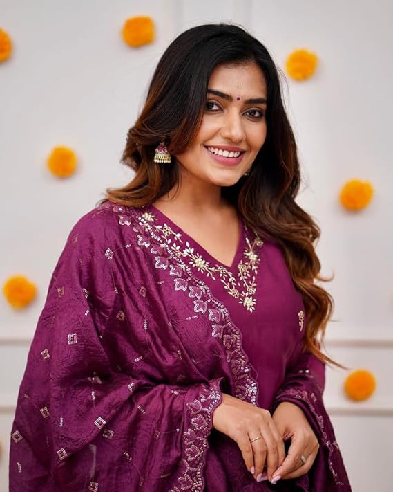 Luxury Inspired Wine Embroidered Viscose Kurta Pant Dupatta Set