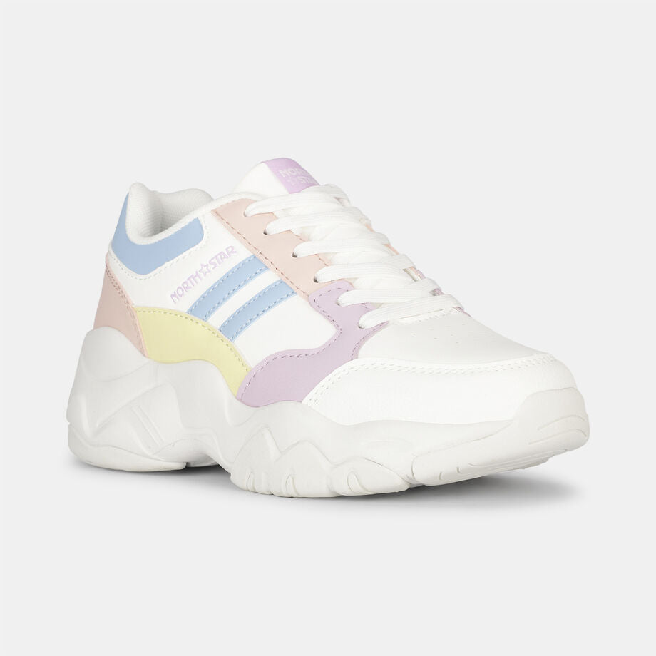 Everyday White Colorblocked Sneaker Shoes with Lace Up Closure for Women Fashionable Footwear