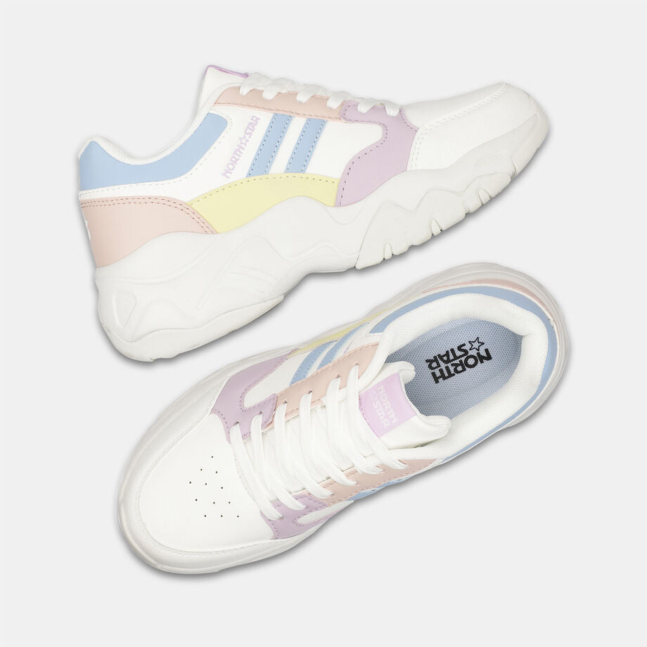 Everyday White Colorblocked Sneaker Shoes with Lace Up Closure for Women Fashionable Footwear