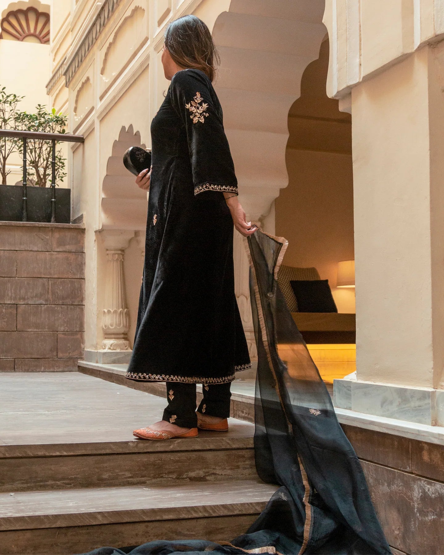 Trendy Women’s Slate Black Velvet Suit Set with Intricate Handcrafted Work Perfect for Festive and Party Wear