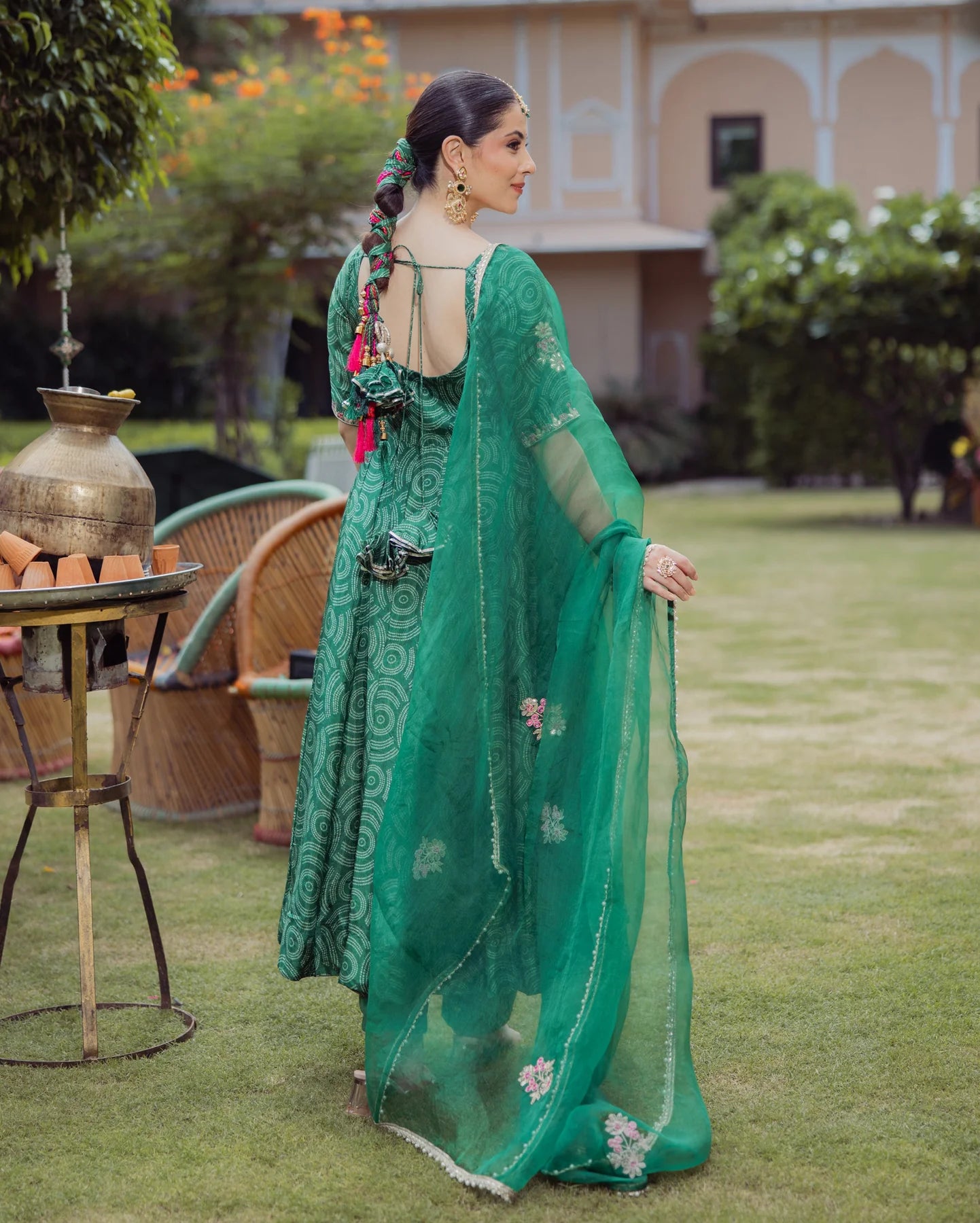 Party Wear Dark Green Bandhani Chanderi Suit Set with Dupatta for Women