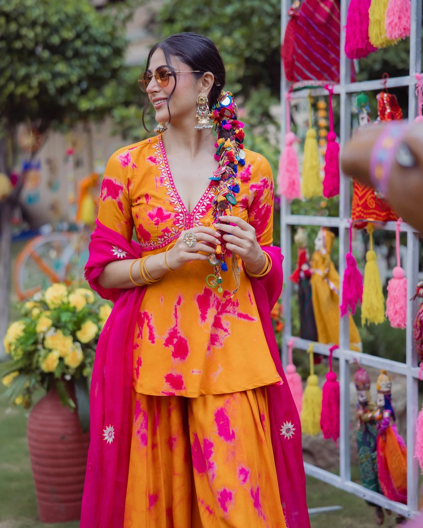 Festive Wear Orange Pink Tie Dye Muslin Sharara Ensemble with Traditional and Modern Fusion Style